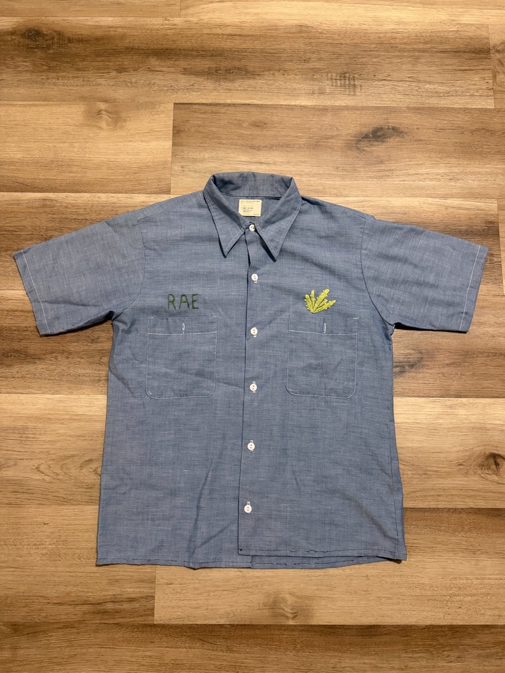 Vtg 70s BIG MAC Chambray Shirt Short Sleeve Sz M Western Chain Stitch